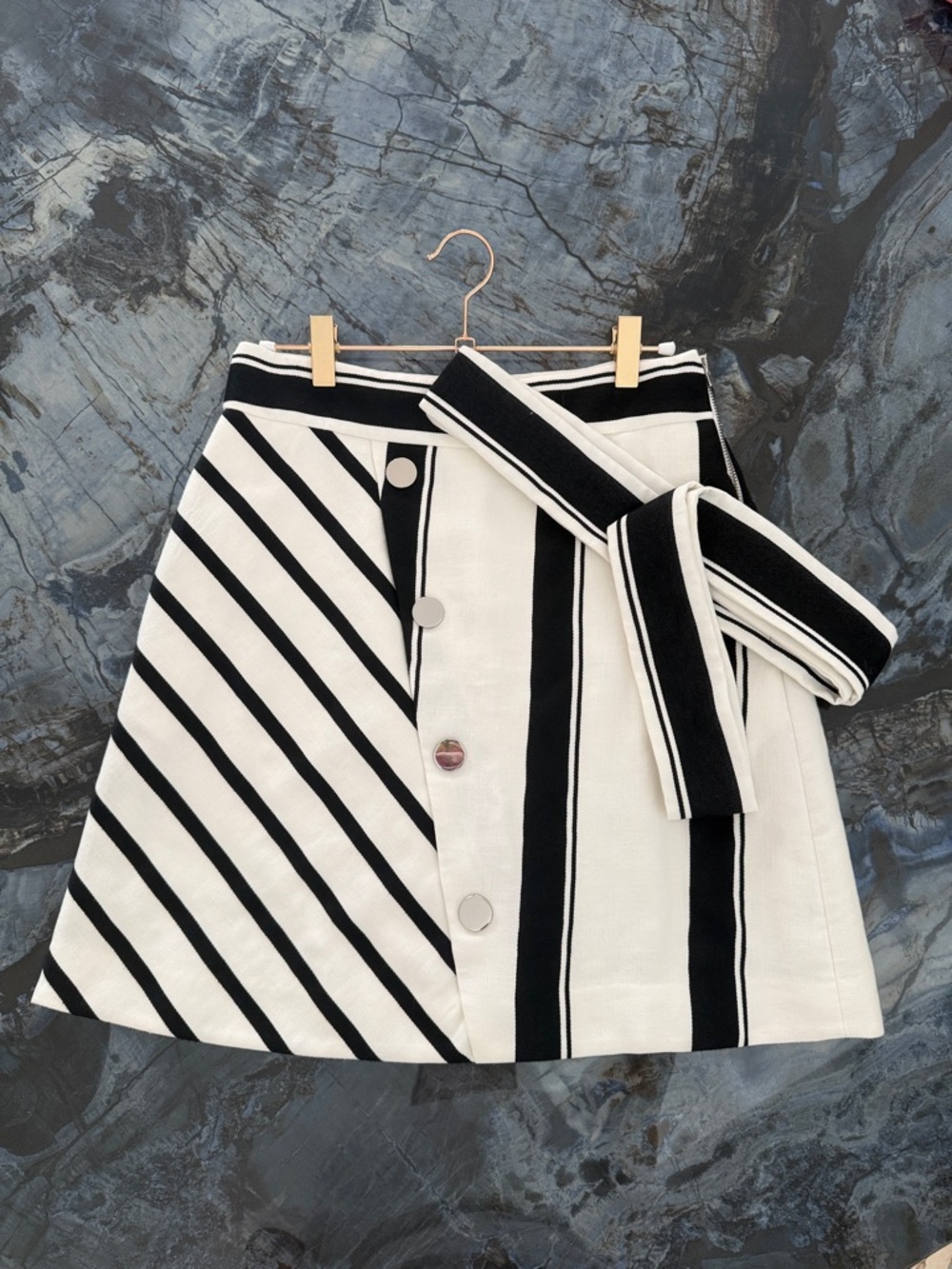 Maje Black and White Striped Button-Front Mini Skirt with Belt 38 IT
